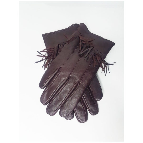 Gants vintage en cuir rouge bordeaux à franges, gants de conduite en cuir rouge foncé de taille M, gants en cuir rouge frangé, gants en cuir souple beurré