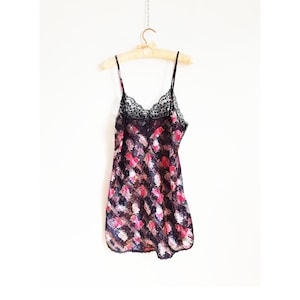 Vintage 90s Sheer Print Slip Dress, Multi Color Floral Satin Slip Dress Size Medium, Vintage Wedding Night Gown, Flower Print Slip Dress