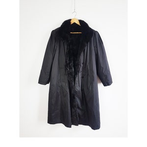 Mob Wife Black Fur Lined Trench Coat, Size M, 1980s Bernardo Toscana Sheep Fur Vest and Trench Coat, Black Fur Trench Coat