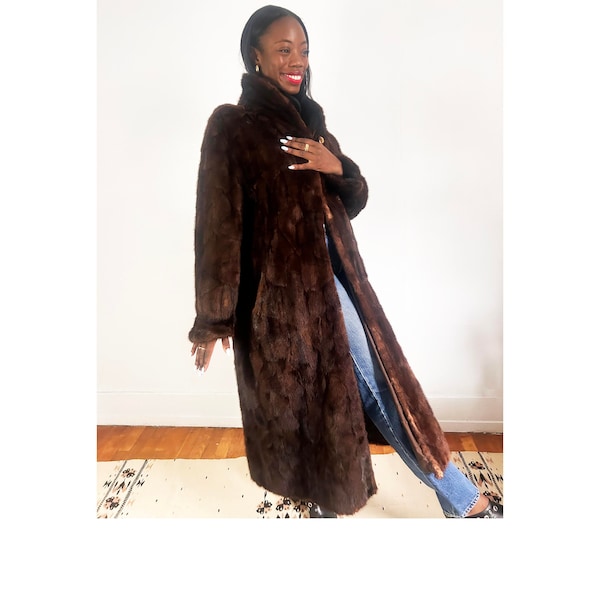 Mob Wife Brown Mink Fur Coat, Vintage Mink Fur Coat Size L Full Length Fur Coat Vintage Fur Coat Mahogany Fur Coat, Reversible Mink Fur Coat