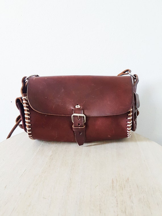 1970s Vintage Tooled Leather Satchel Bag, Brown L… - image 3