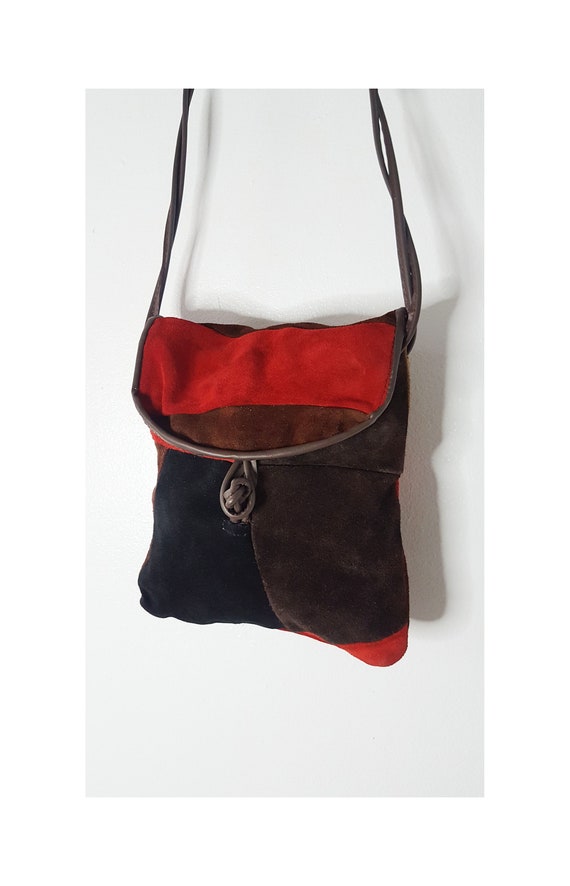 Vintage 1970s Brown and Red Suede Patchwork Bag, … - image 1