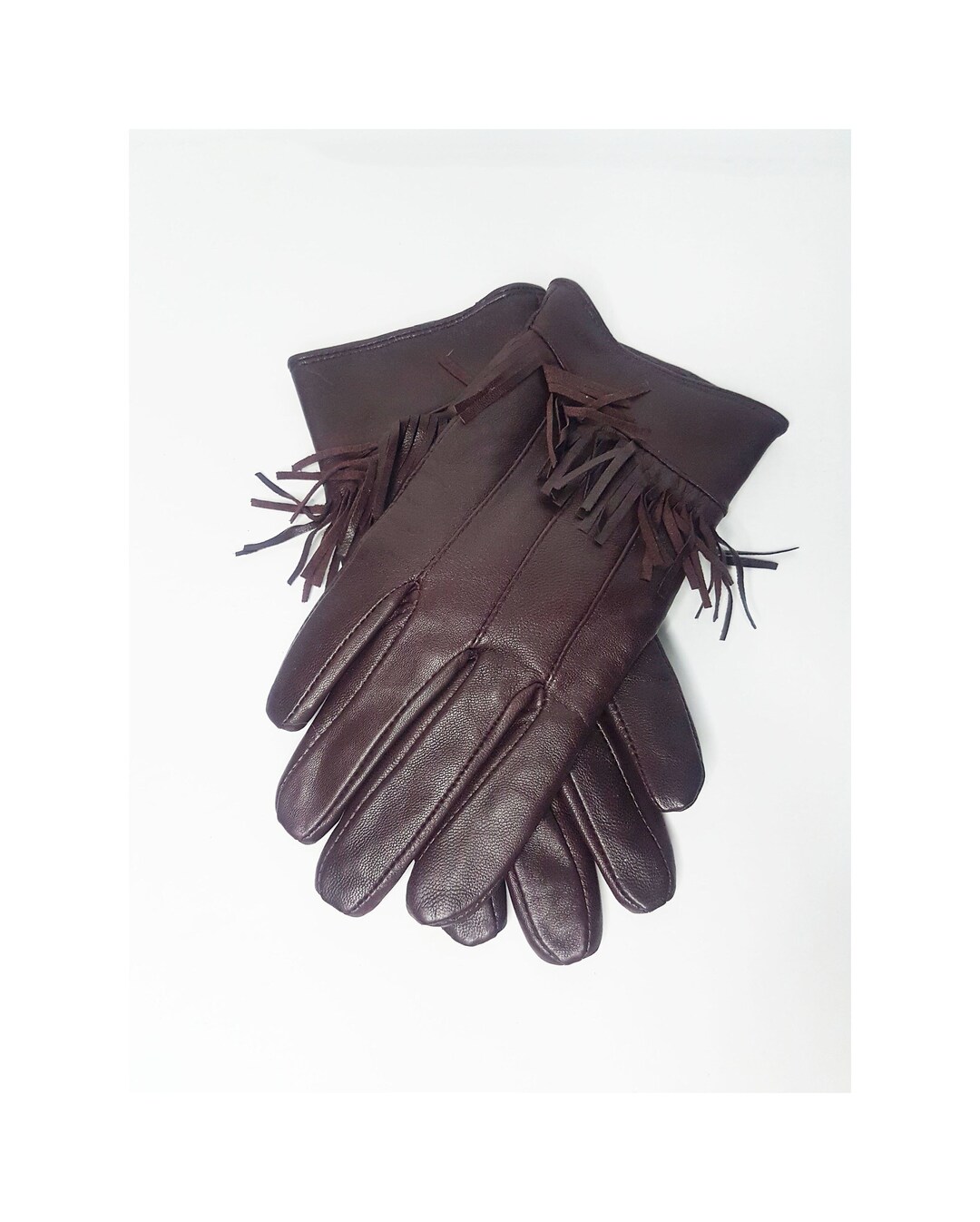 Vintage Fringe Burgundy Red Leather Gloves, Size M Dark Red Leather Driving Gloves, Fringed Red