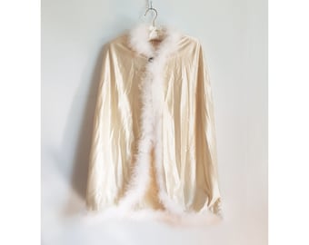 Vintage Satin and Feather Cape, Vintage White Fur Wedding Stole, Beige Bridal Feather Fur Shawl, Feather Wedding Shawl, White Fur Scarf