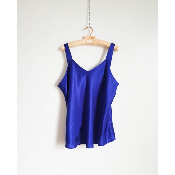 Vintage Sapphire Blue Satin Lingerie Camisole, Size L Blue Satin Camisole, Made in Canada Delicate Blue Tank Top, Jewel Tone Blue Camisole