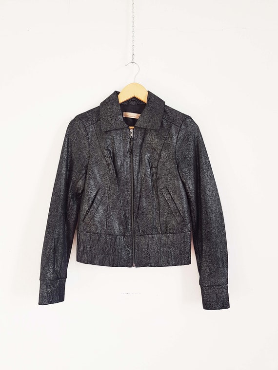 Y2K Suede Metallic Black Leather Bomber Jacket, Ve