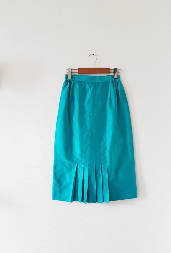 1960s Vintage Raw Silk Emerald Blue Pencil Skirt Size… Gem