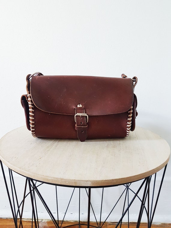 1970s Vintage Tooled Leather Satchel Bag, Brown L… - image 6