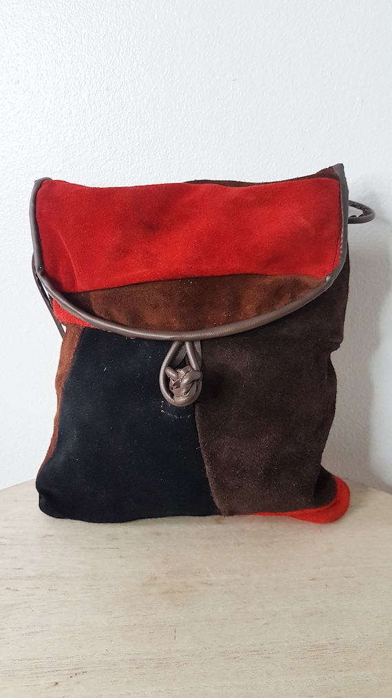 Vintage 1970s Brown and Red Suede Patchwork Bag, … - image 2