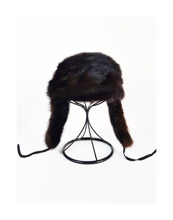 Vintage Dark Brown Mink Suede Fur Aviator Hat, Real Fur Trapper Hat,  Russian Fur Winter Hat, Fur Bomber Hat, Mink Earflap Hat, Real Fur Hat