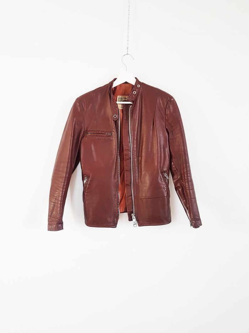 1960s 1970s Rare Iconic Brimaco Brown Leather Jacket, Size XXS, Made in