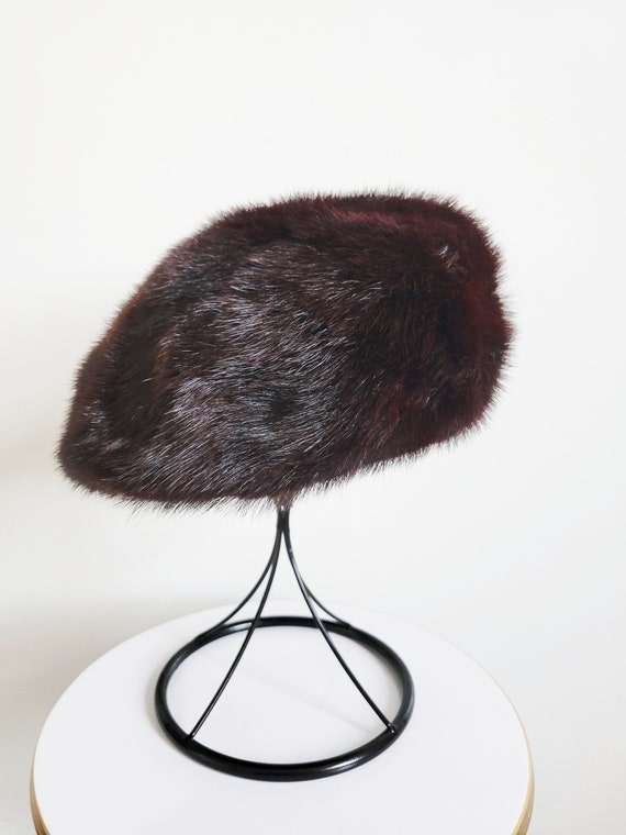 1960s Vintage Dark Brown Mink Fur Beret Hat, Vint… - image 5