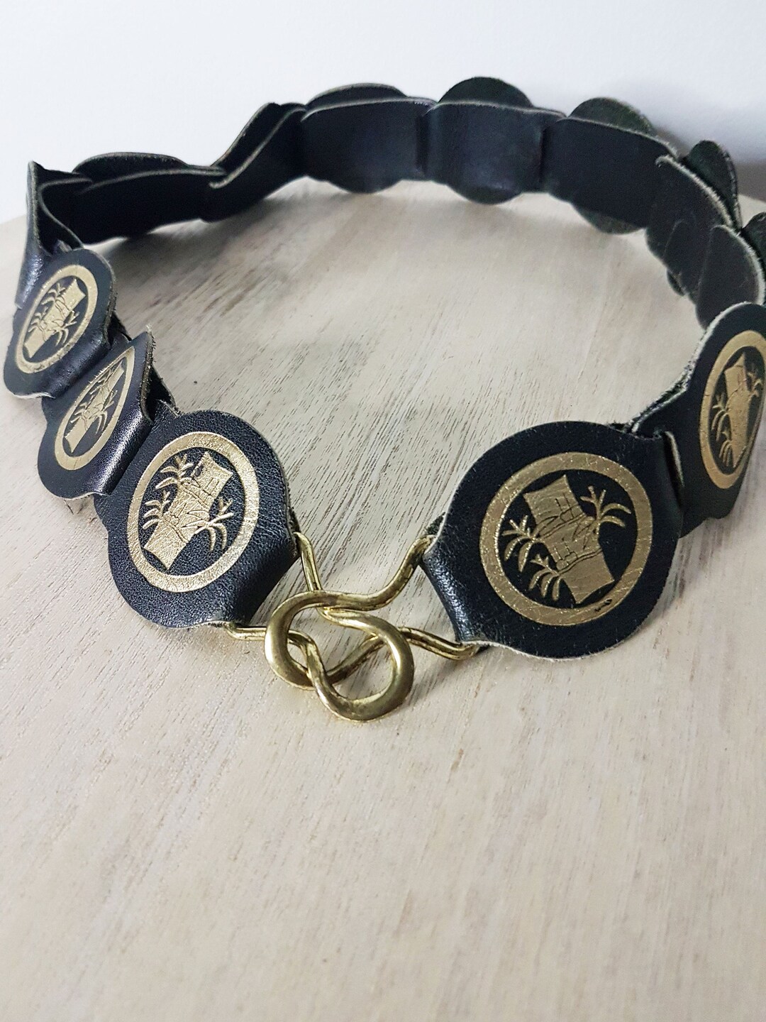 Vintage Black Leather Belt, Gold Bamboo Print, Size 27.5 display picture 1
