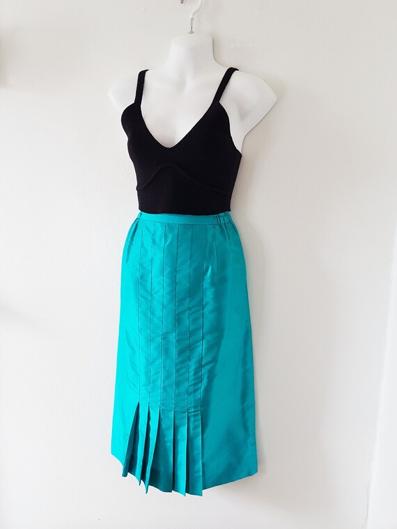1960s Vintage Raw Silk Emerald Blue Pencil Skirt Size… Gem