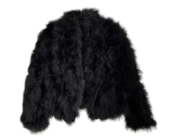 Black Cropped Fur Coat, Fluffy Cropped Feather Jacket, All Colors Handmade Feather Coat, Vintage Inspired Plush Fur Coat