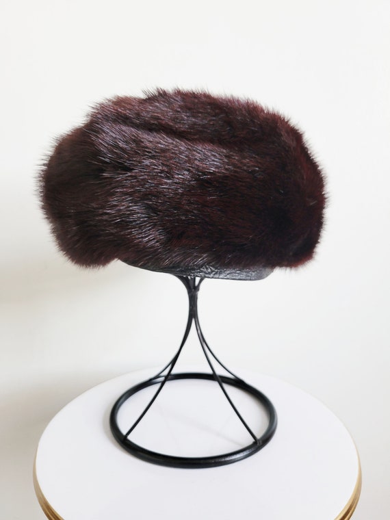1960s Vintage Dark Brown Mink Fur Beret Hat, Vint… - image 2