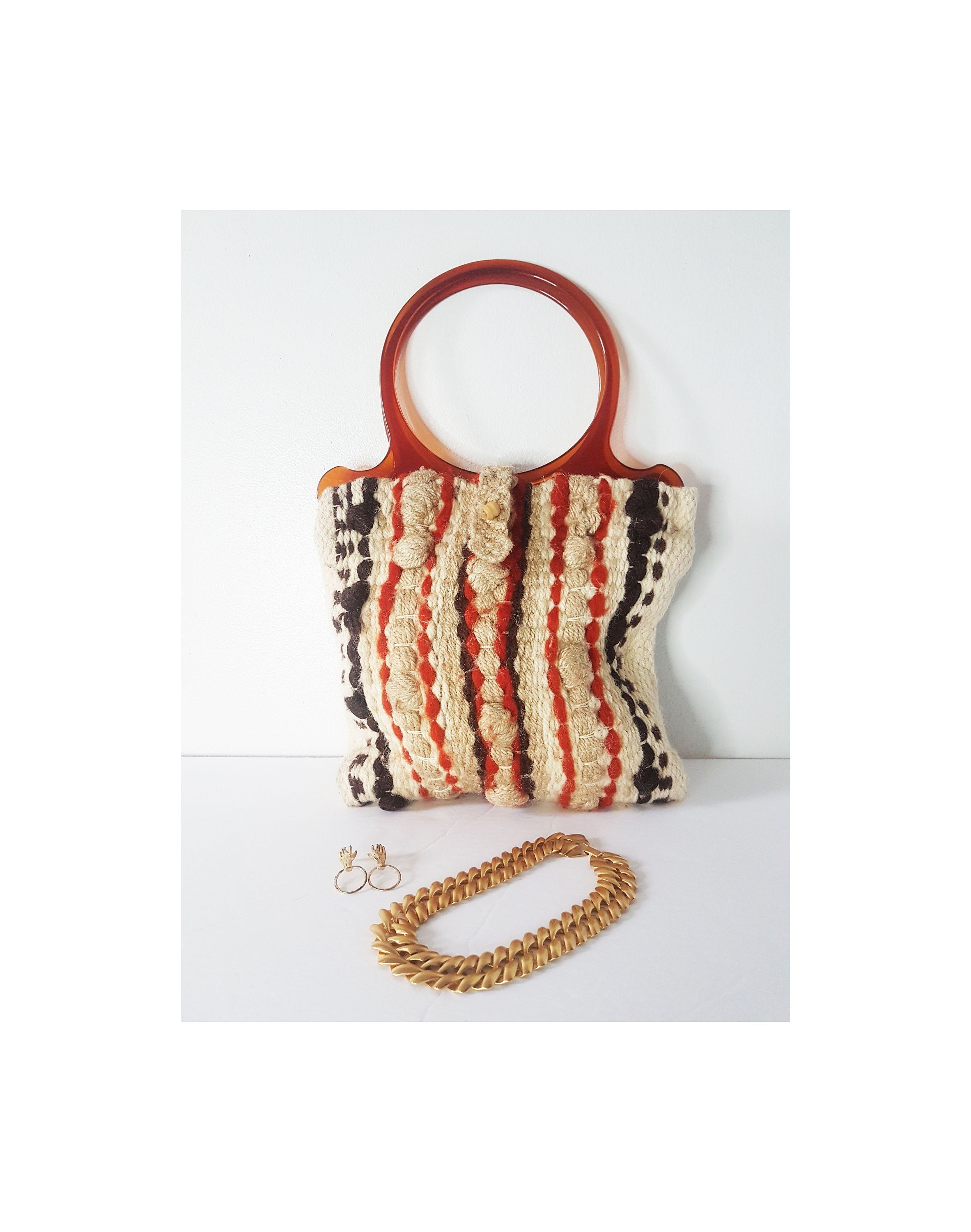 Vintage 70s Knit Bag Purse Unique Handbag Round Handle Knitted