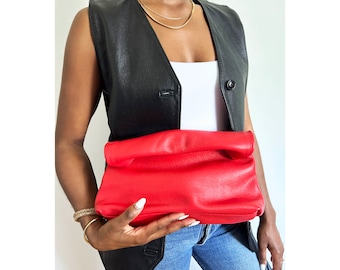 Red Leather Roll Top Clutch, Everyday Red Leather Clutch Bag, Minimalist Soft Leather Bag, Red Leather Handbag, Red Leather Handheld Bag