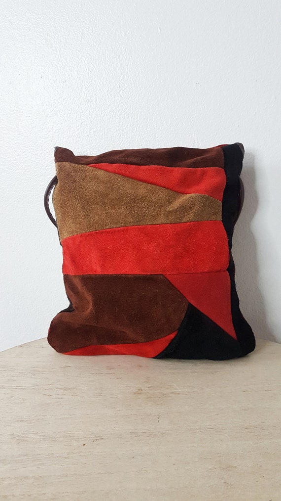 Vintage 1970s Brown and Red Suede Patchwork Bag, … - image 3