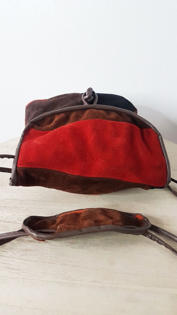 Vintage 1970s Brown and Red Suede Patchwork Bag, … - image 9