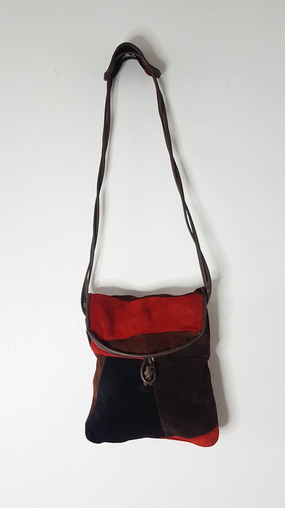 Vintage 1970s Brown and Red Suede Patchwork Bag, … - image 4