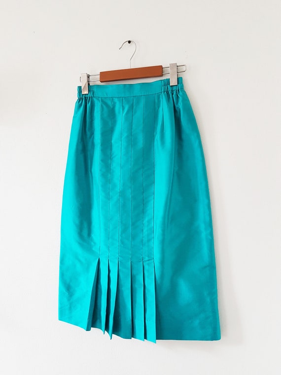 1960s Vintage Raw Silk Emerald Blue Pencil Skirt Size… Gem