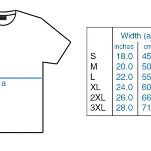Puede incluir: Una tabla de tallas para una camiseta con medidas en pulgadas y cent&iacute;metros. La tabla muestra el ancho (a) y la longitud (b) de la camiseta en diferentes tallas: S, M, L, XL, 2XL y 3XL.