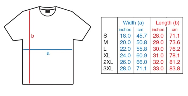 May include: A size chart for a t-shirt with measurements in inches and centimeters. The chart shows the width (a) and length (b) of the shirt in different sizes: S, M, L, XL, 2XL, and 3XL.