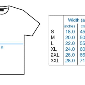 May include: A size chart for a t-shirt with measurements in inches and centimeters. The chart shows the width (a) and length (b) of the shirt in different sizes: S, M, L, XL, 2XL, and 3XL.