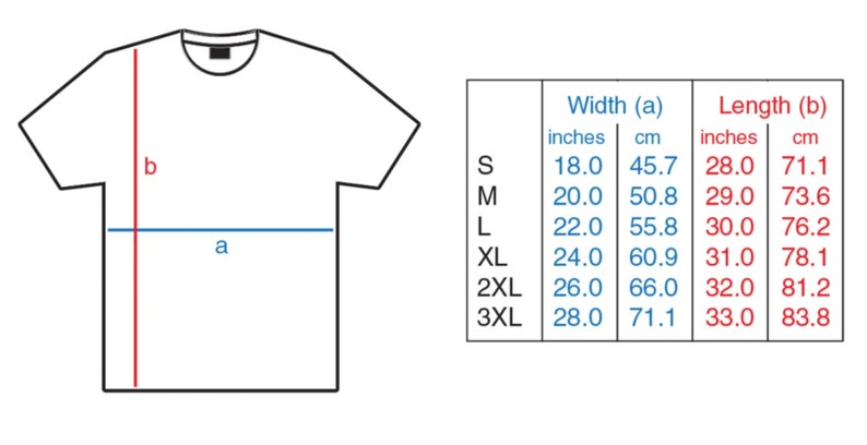 May include: A size chart for a t-shirt with measurements in inches and centimeters. The chart shows the width (a) and length (b) of the shirt in different sizes: S, M, L, XL, 2XL, and 3XL.