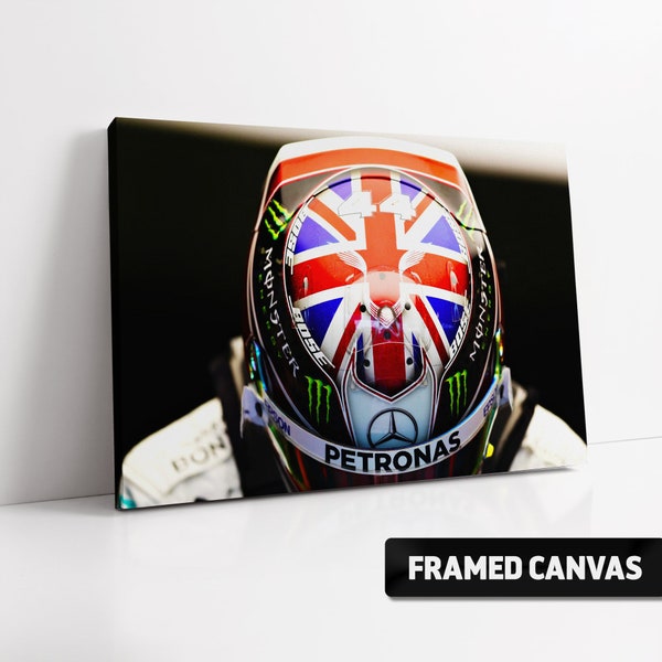 CANVAS PRINT Lewis Hamilton 2019 Silverstone Union Jack Helmet  | Mercedes F1 Fan Gift Formula One Fine Wall Art Poster Picture Photo