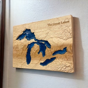 Mapa em relevo 3D dos Grandes Lagos | Arte em madeira epóxi dos Grandes Lagos | Lago Superior | Lago Michigan | Lago Huron | Lago Erie | Lago Ontário | Presente de viagem