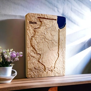 Mapa de madeira de Illinois | Decoração de mapa em relevo 3D | Aniversário de casamento exclusivo | Presente para ele | Presente para ela | Presente de Illinois