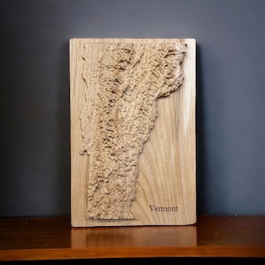 Carte du Vermont | Limite des arbresTerrains | en relief en bois | Carte topographique 3D en bois | Cadeau unique d'anniversaire de mariage pour pendaison de crémaillère | Cadeau Vermont