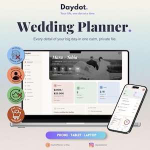 Può includere: Un'interfaccia digitale per l'organizzazione di matrimoni visualizzata su uno schermo di laptop e smartphone. La dashboard include sezioni per budget, ospiti e attività, con testo che include Daydot, Wedding Planner e Mara & Tobia. Le icone indicano niente Excel, niente login, niente abbonamento e acquisto unico.