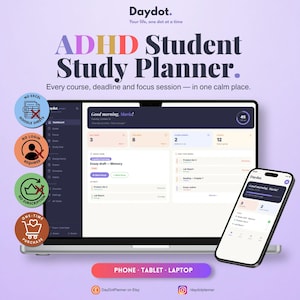 Puede incluir: Un planificador de estudios digital para estudiantes con TDAH mostrado en una computadora portátil y un teléfono inteligente. La interfaz muestra un panel con tareas, fechas límite y sesiones de enfoque. Cuatro iconos circulares indican las funciones.