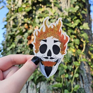 Pegatina de calavera llameante con brillantina de Drag King