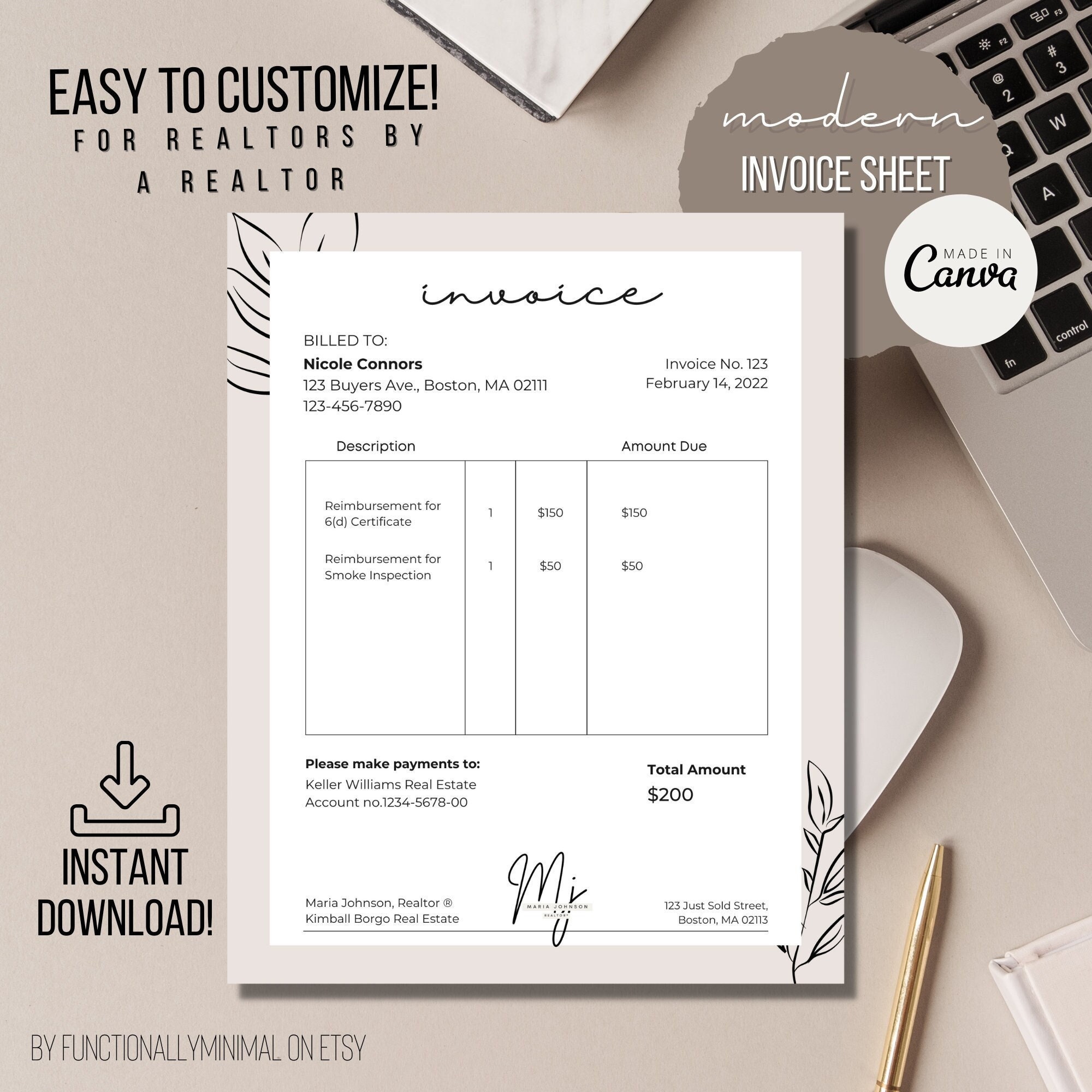 Modern Invoice Editable Template Printable Invoice Etsy