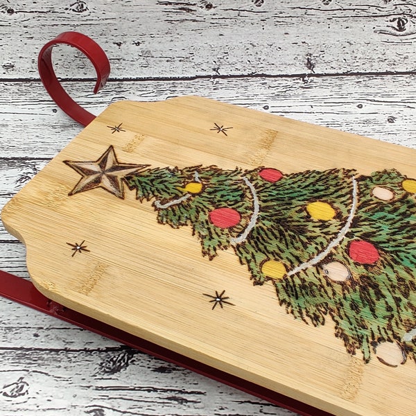 Christmas sleigh, Christmas tree, winter design, serving, display stand, pyrography, hand painted, wood, gift, metal rails, Santa sleigh