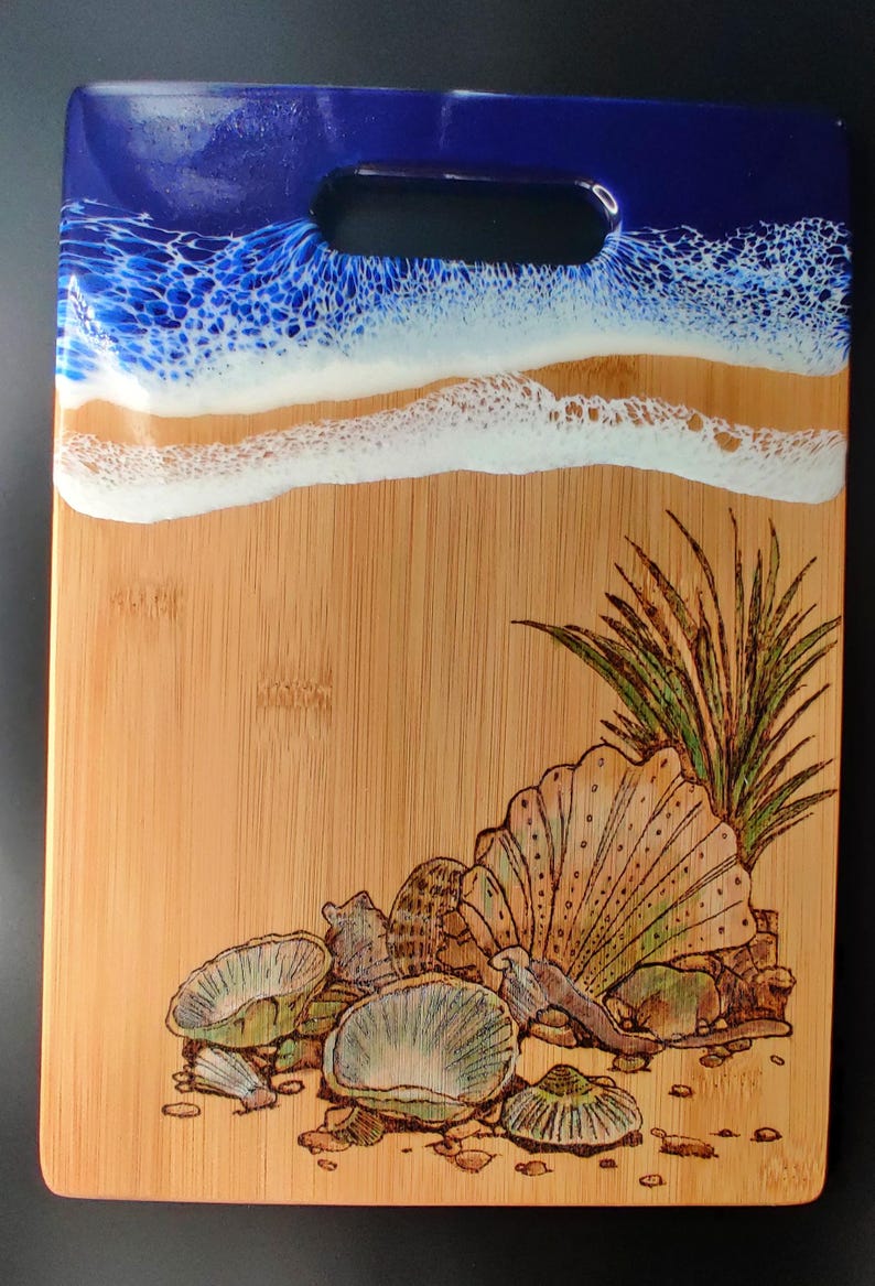 Sea Shell Pyrography Hand Burned Seashell Bamboo Board With Epoxy Handle. Coastal Pyrography ...