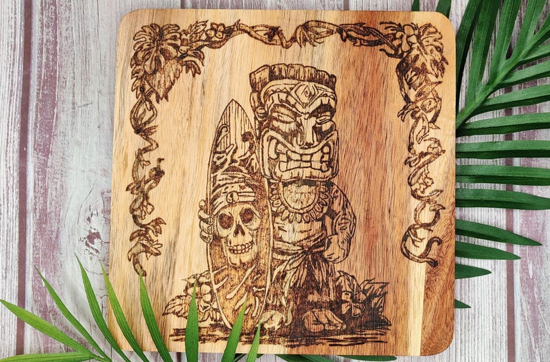 Pyrographics Figure JME Designs Hand Burned Tiki Figure With Skull Surfboard. Pyrography ...