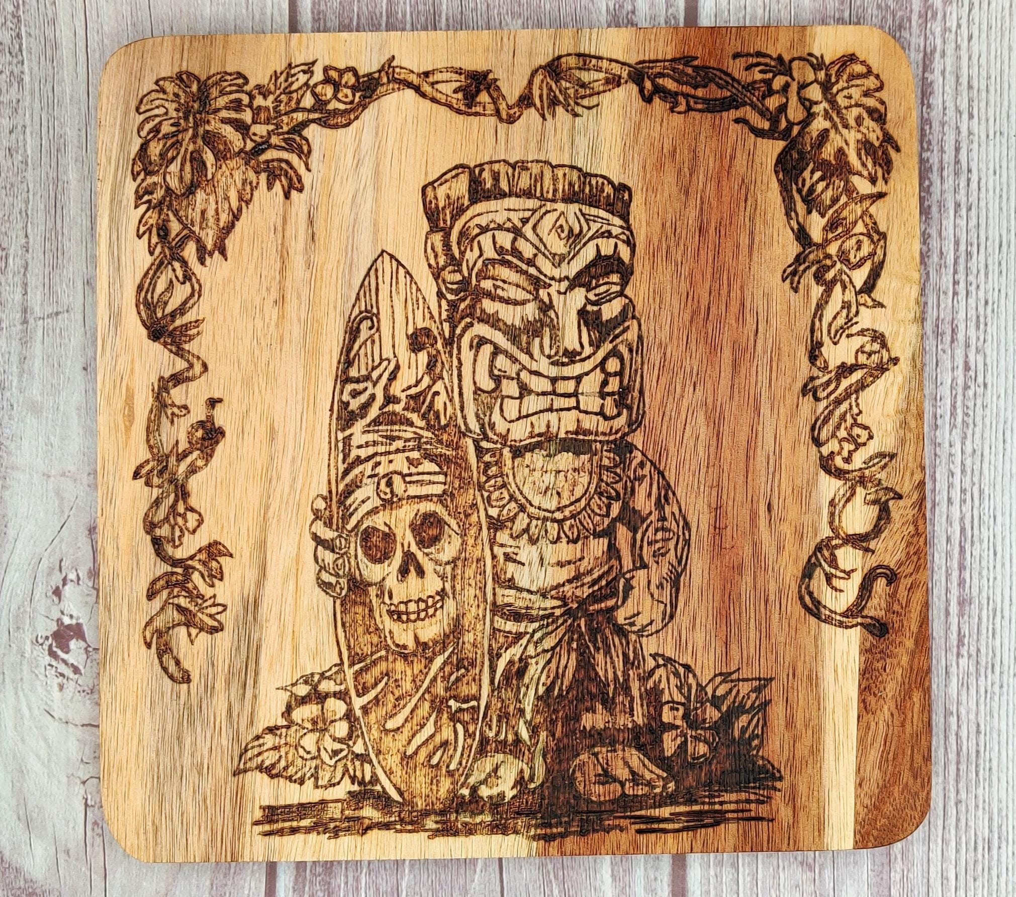 Pyrographics Figure JME Designs Hand Burned Tiki Figure With Skull Surfboard. Pyrography ...