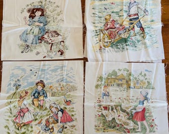 Vintage Country Farm Decor Cotton Pillow Panels Depicting Children at Play