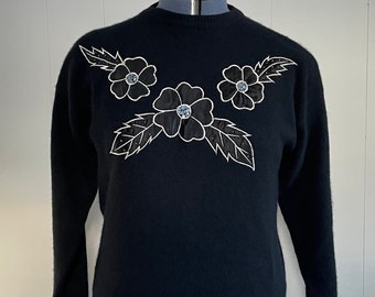 1990s vintage black wool Angora sweater with sparkle flower appliqués