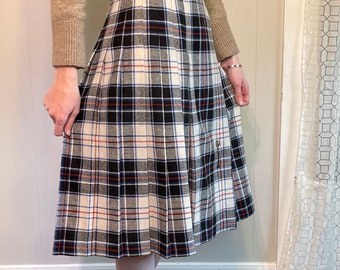 1970s plaid tartan wool skirt, vintage pleated kilt with pin