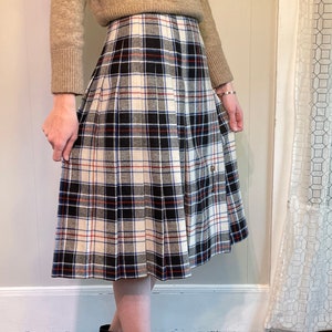 1970s plaid tartan wool skirt, vintage pleated kilt with pin