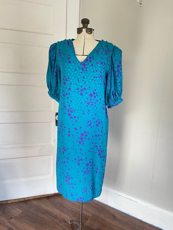 Vintage 1980s Flora Kung teal silk dress