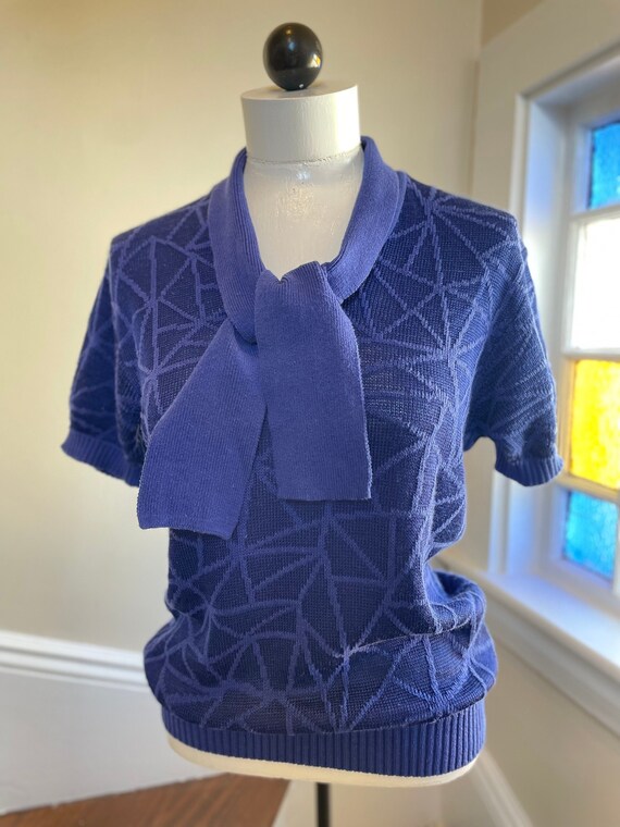 Vintage 'Yarell' Blue Geometric Pattern Beaded Blouse M 12 14