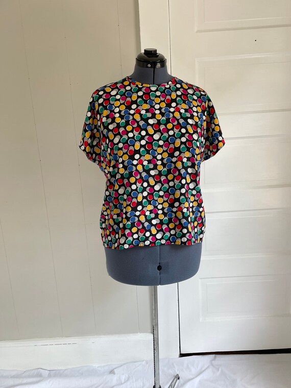 Vintage 80s Red and Rainbow Polka Dot Pleated Short Sleeve Blouse Top Shirt  Retro