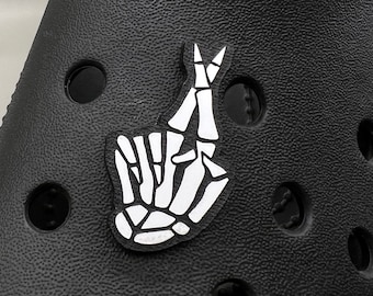 Skeleton Fingers Crossed Clog Charm - Bones Jibbitz Hand Croc White with Black Background